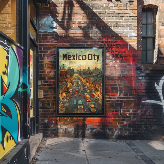 Mexico City Urban Nightlife Lanterns Travel Poster