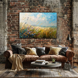 Vibrant Meadow Impressionist Poster with Soaring Birds