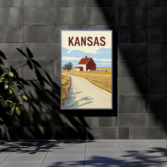 Kansas Barn Roadscape Vintage Poster