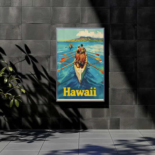 Vintage Travel Poster - Hawaii Rowing Canoe