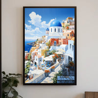 Santorini White and Blue Coastal Scene Travel Poster