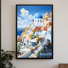 Santorini White and Blue Coastal Scene Travel Poster