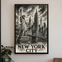 New York City Poster Vintage Sketch Landmarks Wall Art