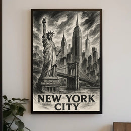New York City Poster Vintage Sketch Landmarks Wall Art