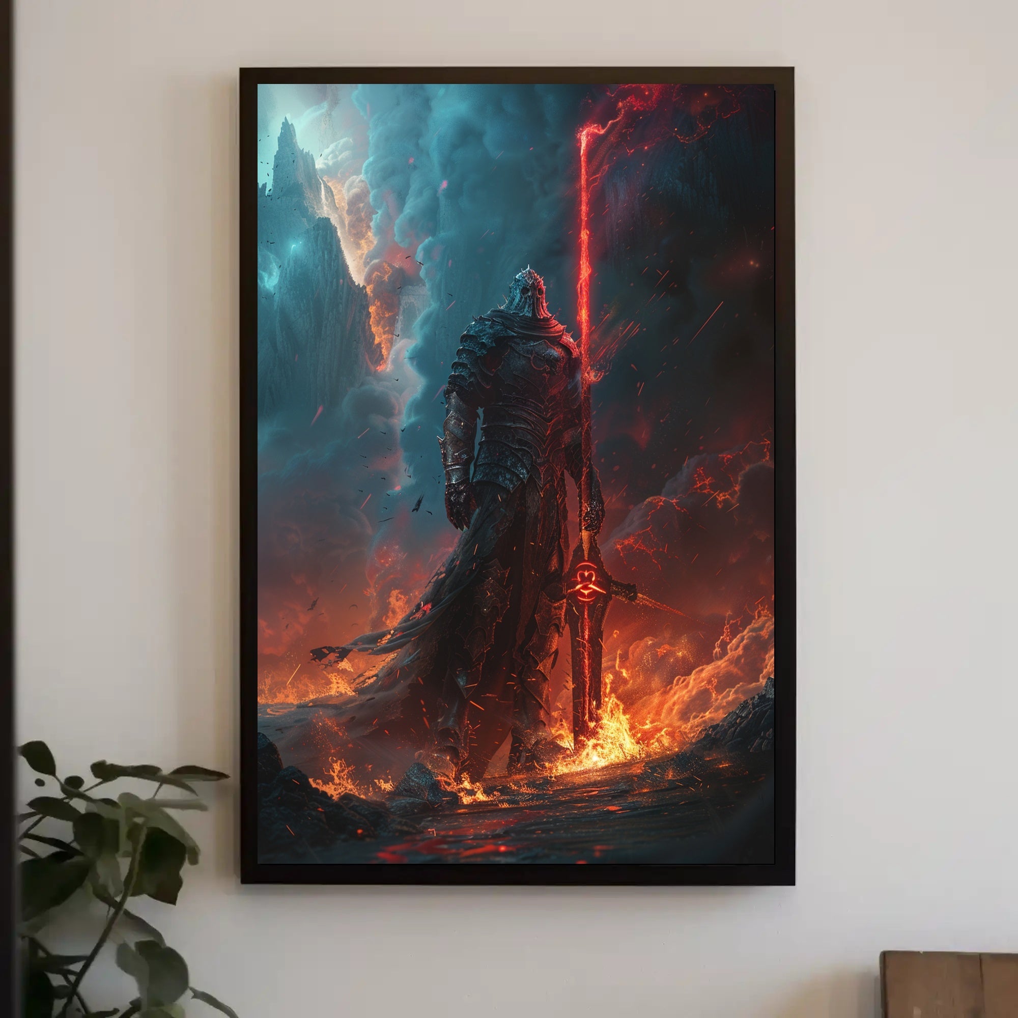 Epic Warrior With Fiery Sword Fantasy or Mythology Poster
