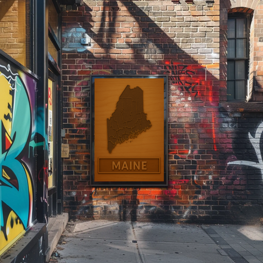 Maine Wooden Engraved State Outline Vintage Travel Poster