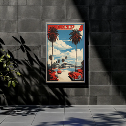 Florida Retro Cars Beach Palms Vintage Travel Poster