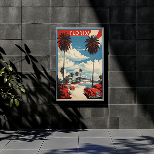 Florida Retro Cars Beach Palms Vintage Travel Poster