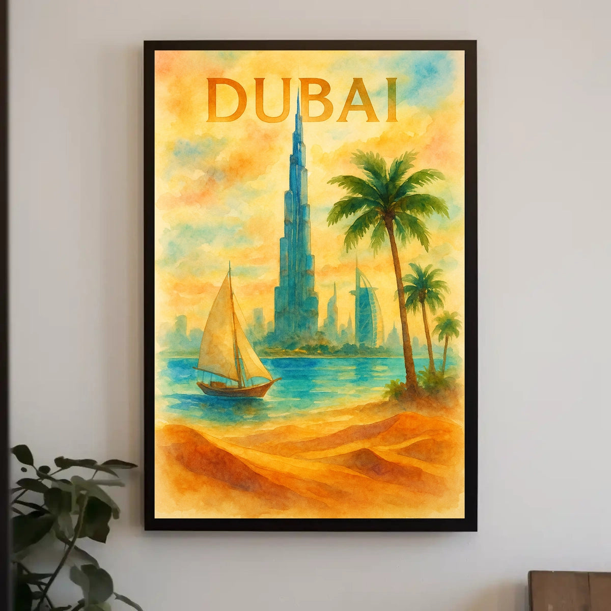 Discover Dubai Watercolor Landmarks Poster