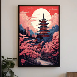 Tranquil Pagoda Under A Full Moon Poster