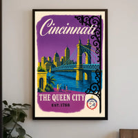 Cincinnati The Queen City Vintage Illustration Bridge Poster