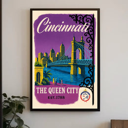 Cincinnati The Queen City Vintage Illustration Bridge Poster