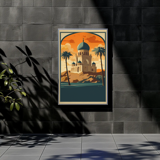 Middle East Mosque Dome Desert Sunset Vintage Travel Poster