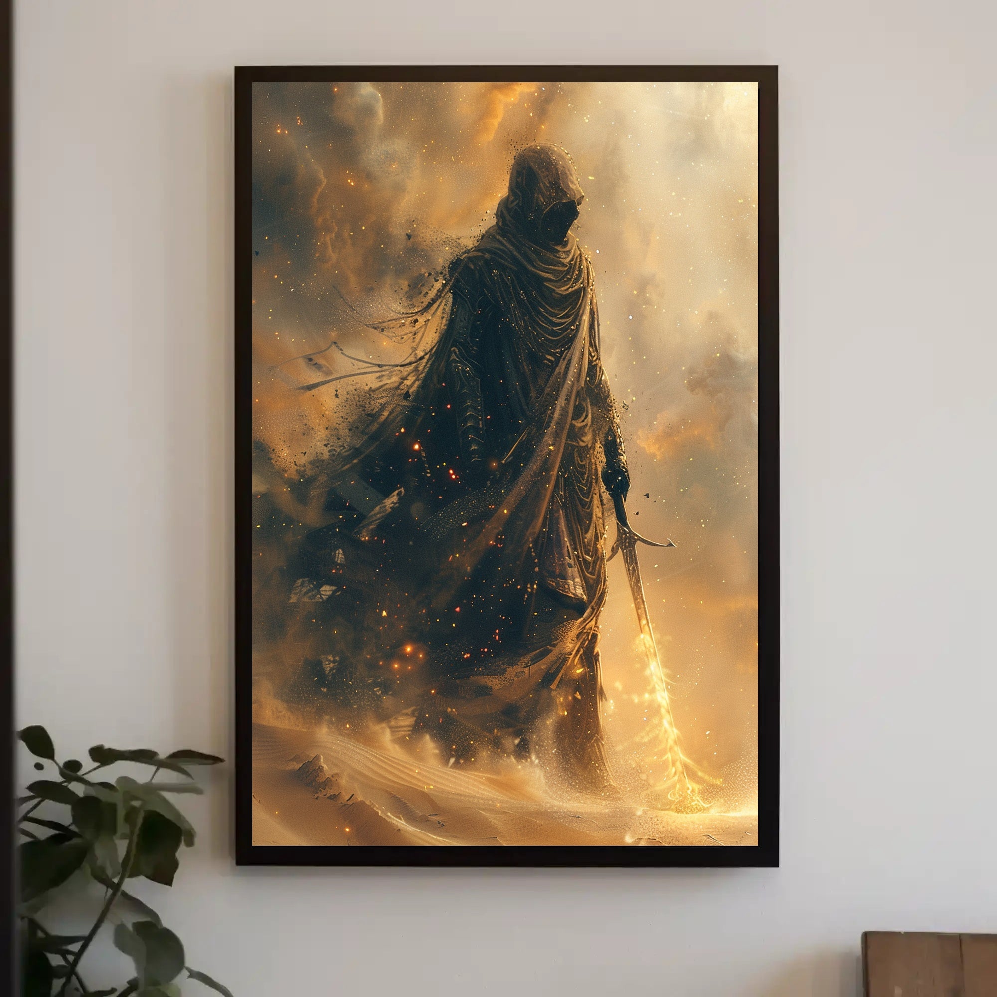 Mysterious Robed Figure with Glowing Sword Fantasy Poster PosterGoat