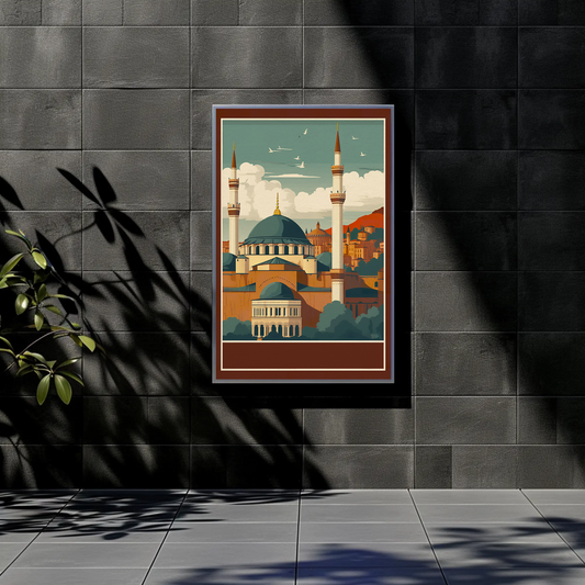 Turkey Mosque Minarets Hillside Sunset Vintage Travel Poster