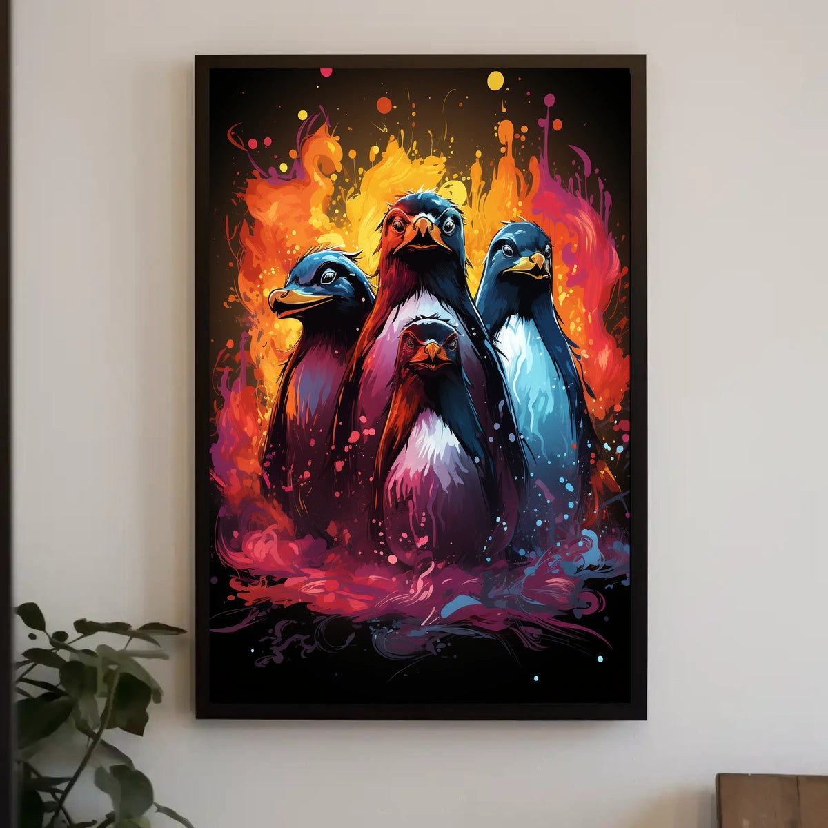 Vibrant Abstract Penguins Poster: Colorful Animal Art