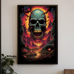 Eerie Skull Over Fiery Alien Landscape Poster