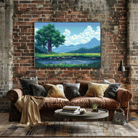 Serene Pixel Art Meadow with Tree and Pond