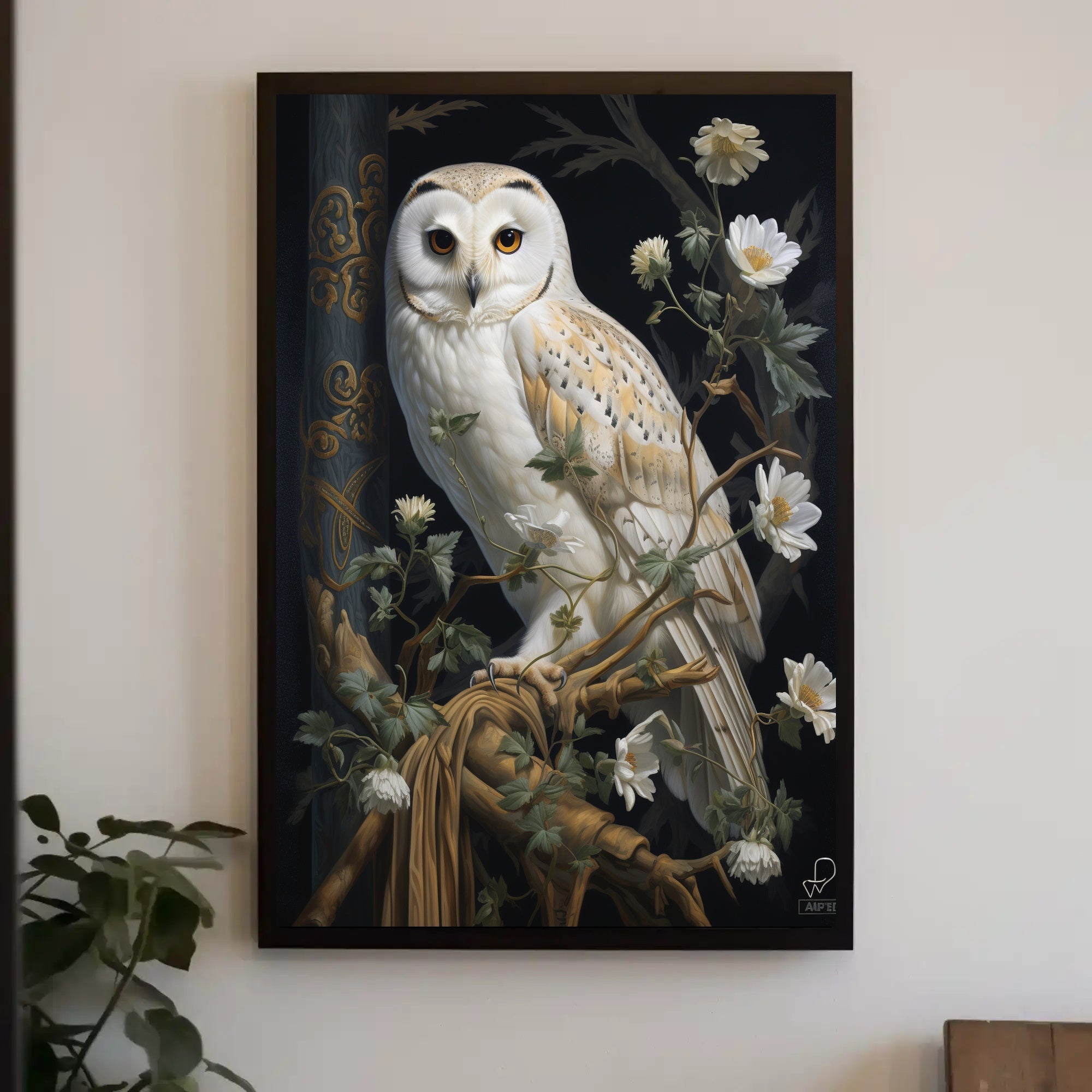 Detailed White Owl Illustration Wall Art Animal Poster