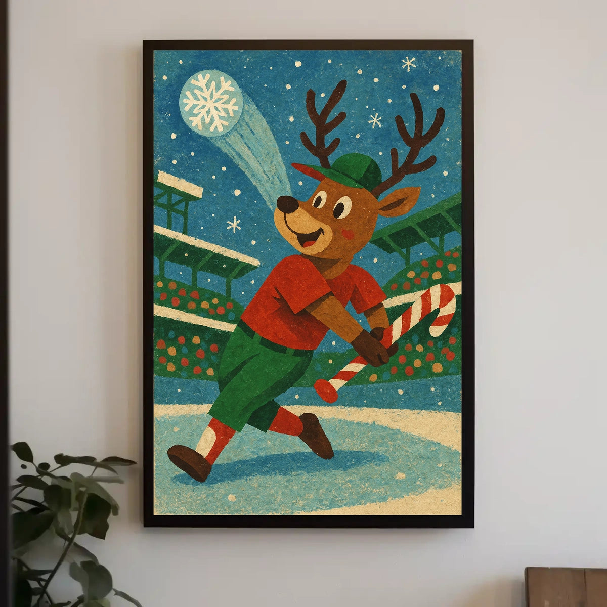 Whimsical Reindeer Baseball Holiday Poster Vintage Style