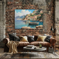 The poster showcases a scenic coastal village, likely inspired by the Mediterranean region, Travel Poster
