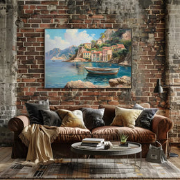 The poster showcases a scenic coastal village, likely inspired by the Mediterranean region, Travel Poster