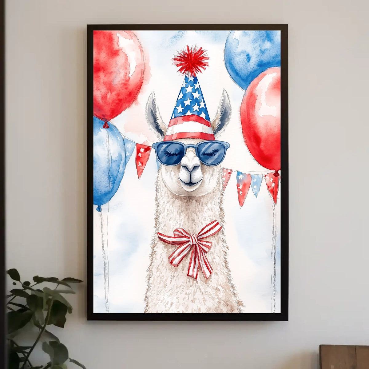Playful watercolor of a llama wearing a stars and stripes hat and sunglasses standing in front of bunting and balloons in red white and blue Poster
