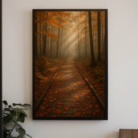 Serene Autumn Forest Pathway Photorealistic Tranquil Canopy Sunlit Woodland Foliage Golden Poster
