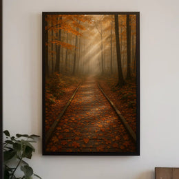 Serene Autumn Forest Pathway Photorealistic Tranquil Canopy Sunlit Woodland Foliage Golden Poster