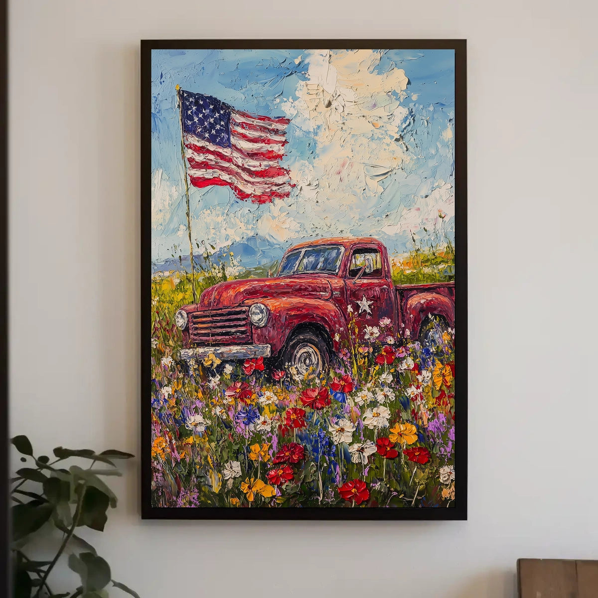 red pickup truck parked in a flower Poster
