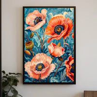 Vibrant Poppy Botanical Art with Vintage Flair Poster