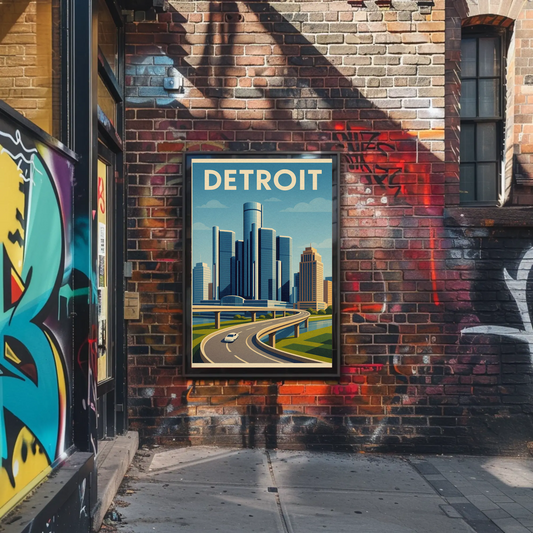 Detroit Highway View Modern Skyline Travel Poster