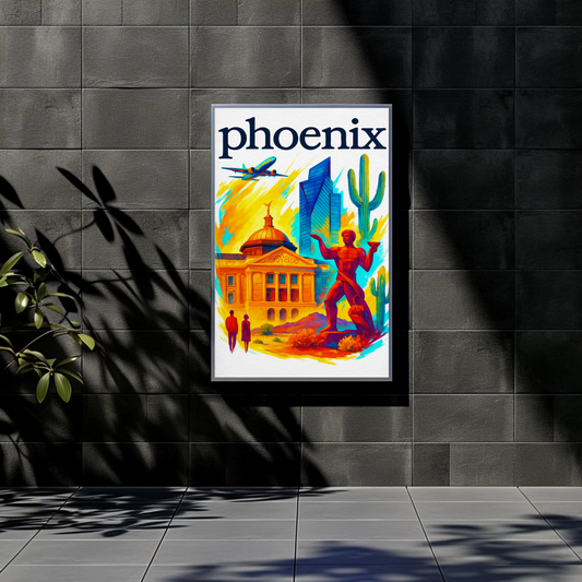 Phoenix Capitol Cactus Statue Airplane Desert Vintage Travel Poster