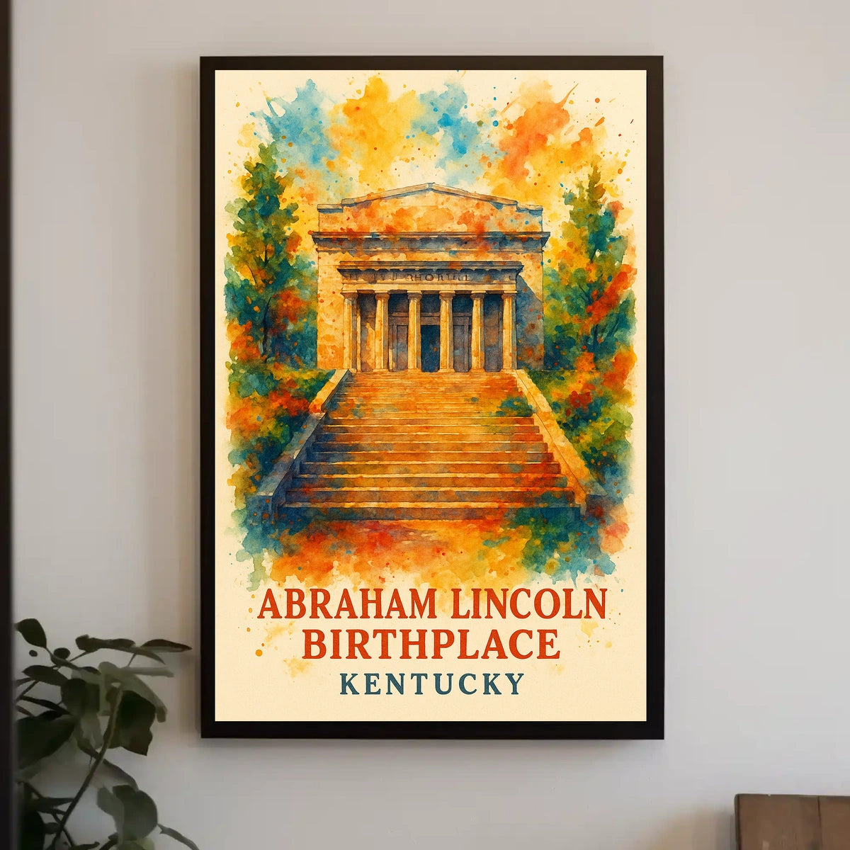 This poster features a depiction of the Abraham Lincoln Birthplace, located in Kentucky. Travel Poster