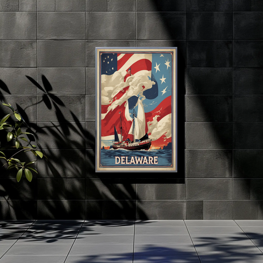 Delaware Sailboat Flag Sky Vintage Travel Poster