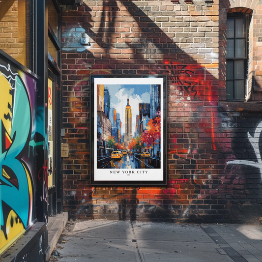 New York City Fall Taxis Empire State Building Travel Poster