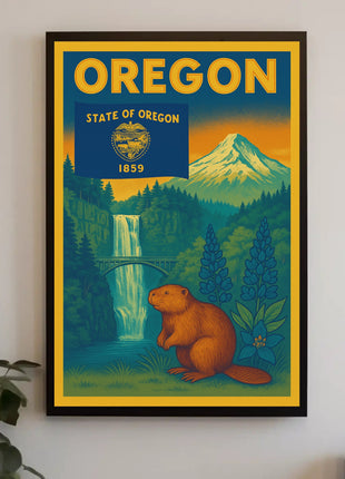 Vintage Oregon Travel Poster Featuring Iconic Natural Landmarks