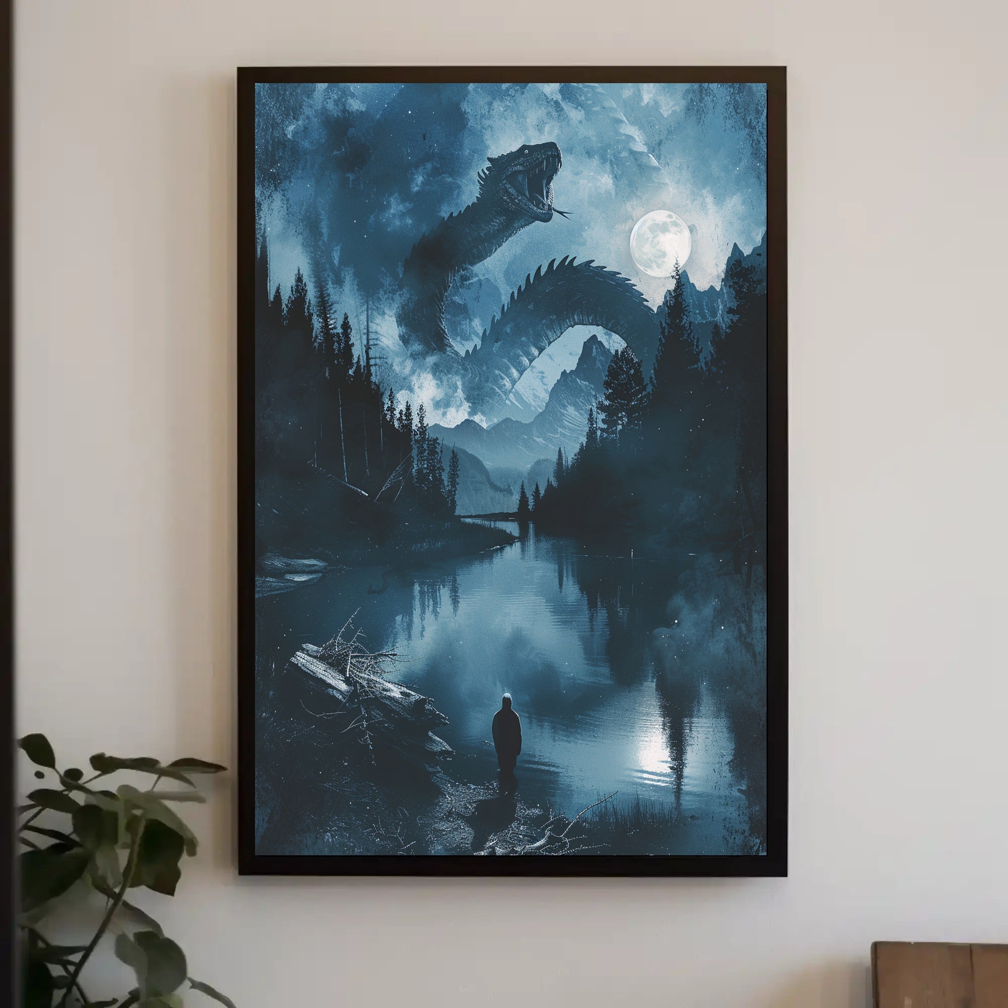Epic Serpent Encounter in Mystical Landscape Fantasy Poster PosterGoat