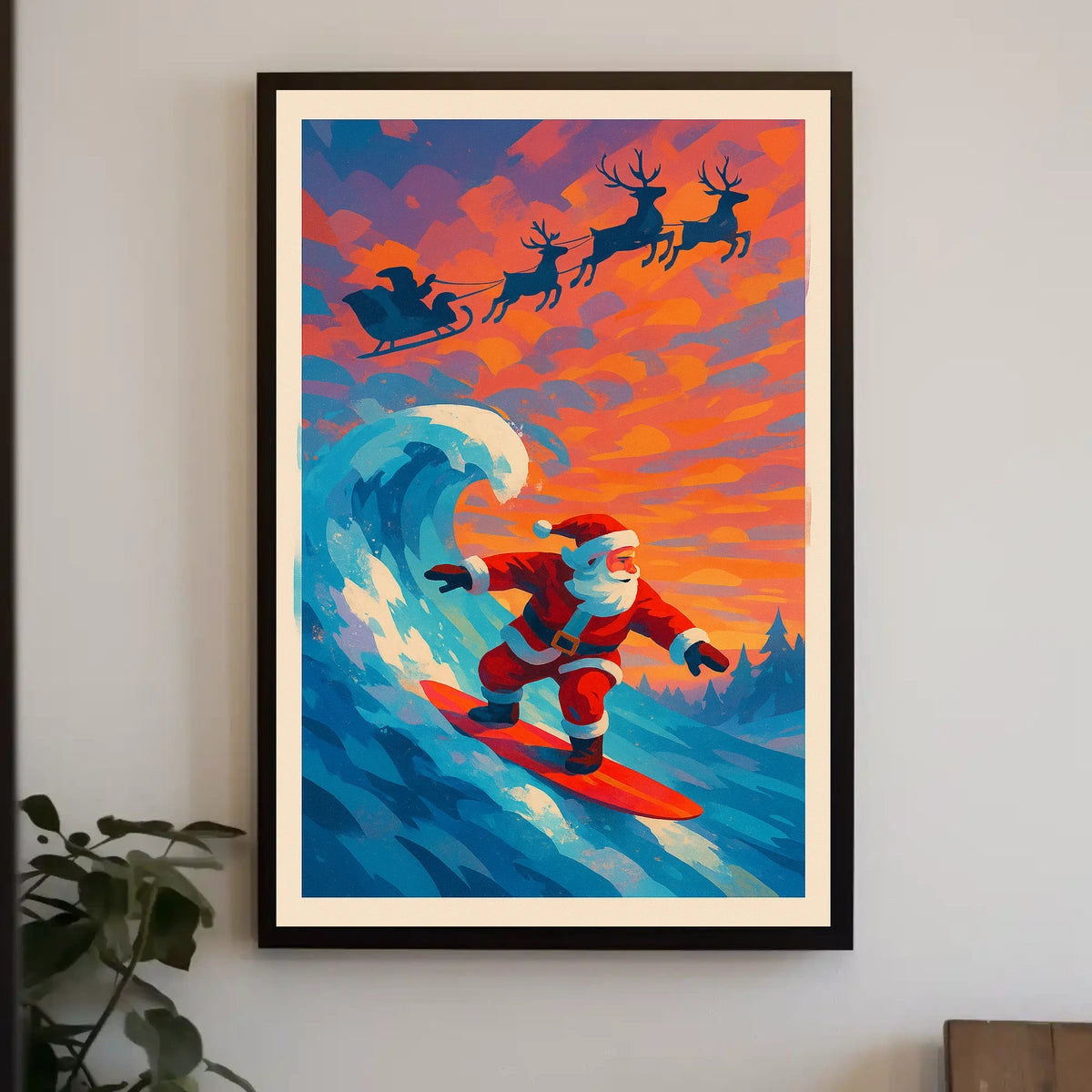 Santa Surfing Christmas Poster: Beach Meets Holiday Cheer