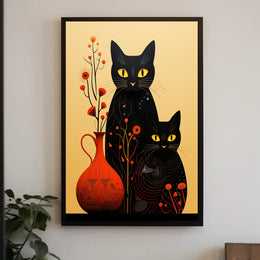 Enigmatic Felines And Floral Harmony Poster