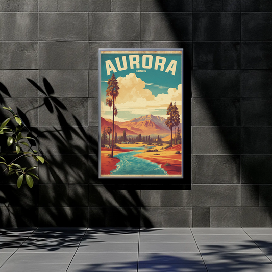 Aurora Illinois River Horizon Vintage Travel Poster