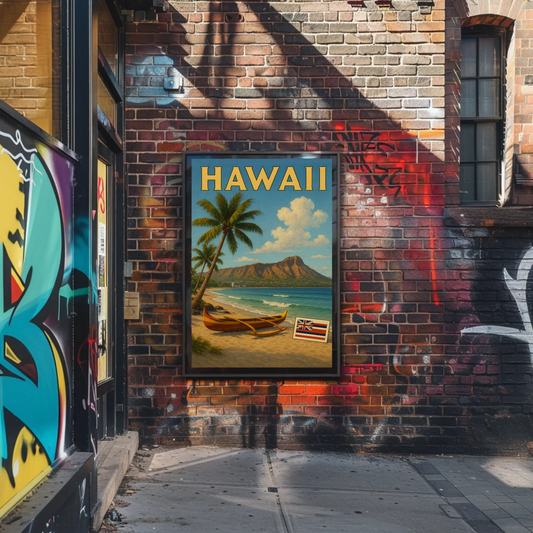 Hawaii Canoe Flag Diamond Head Ocean View Travel Poster