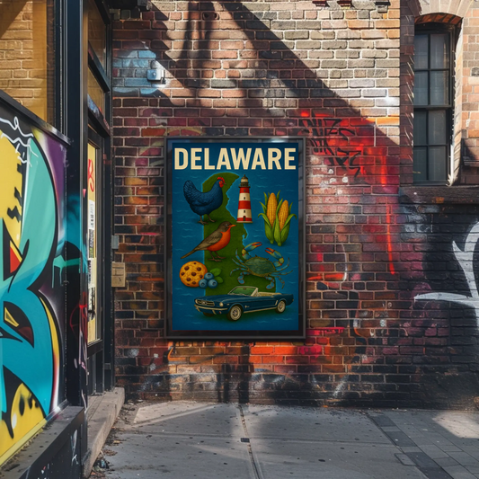 Delaware State Symbols Chicken Mustang Crab Travel Poster