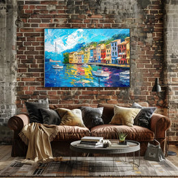 Mediterranean Coastal Town Vibrant Harbor Scene Poster