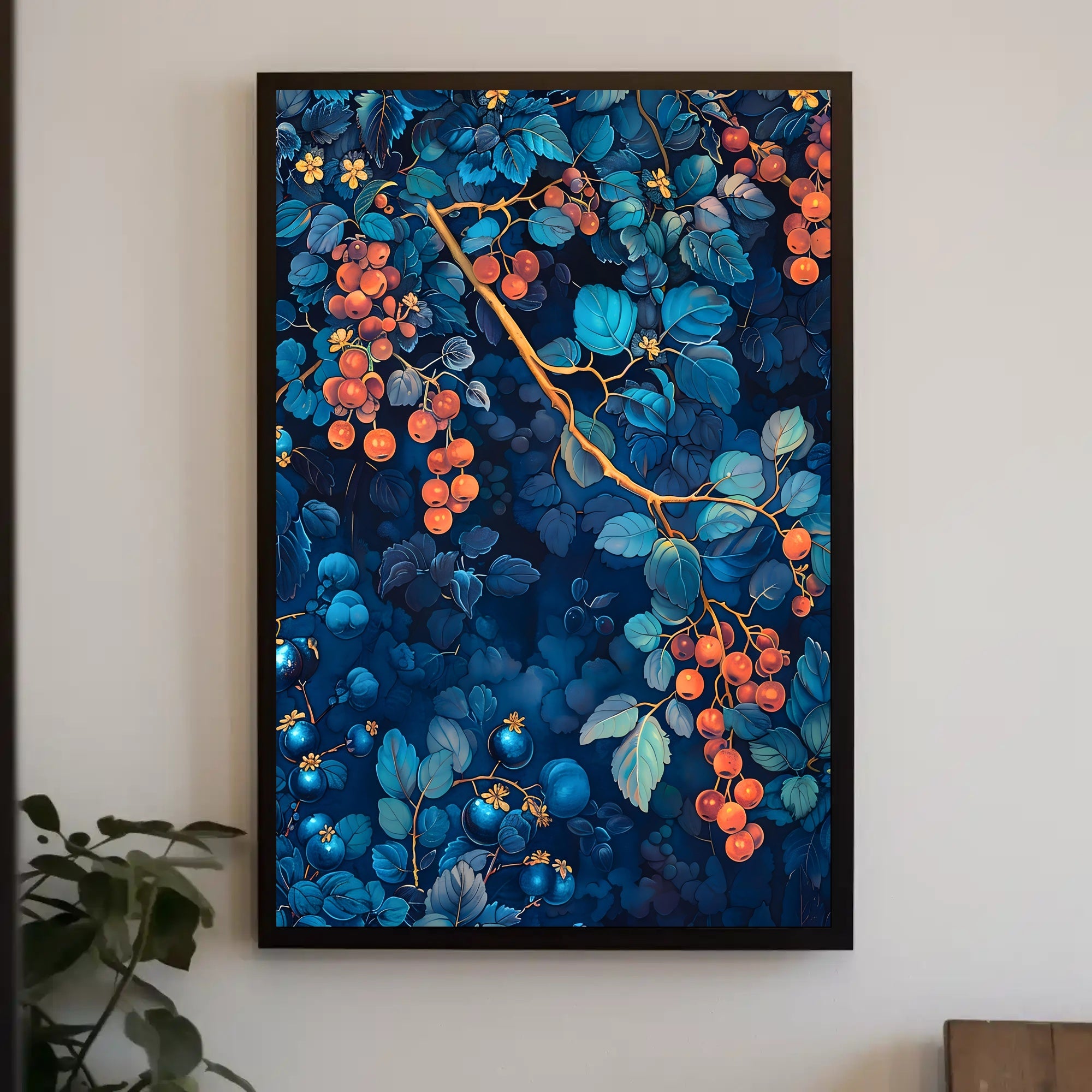 Vibrant Botanical Art: Enchanting Berry and Foliage Poster