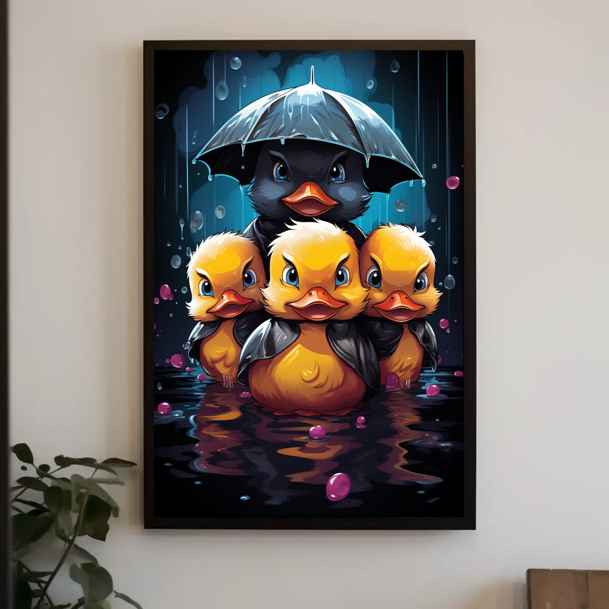 Ducklings in Rainstorm: Whimsical Family Art Poster