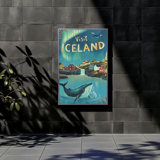 Visit Iceland Vintage Travel Poster - Whale & Northern Lights