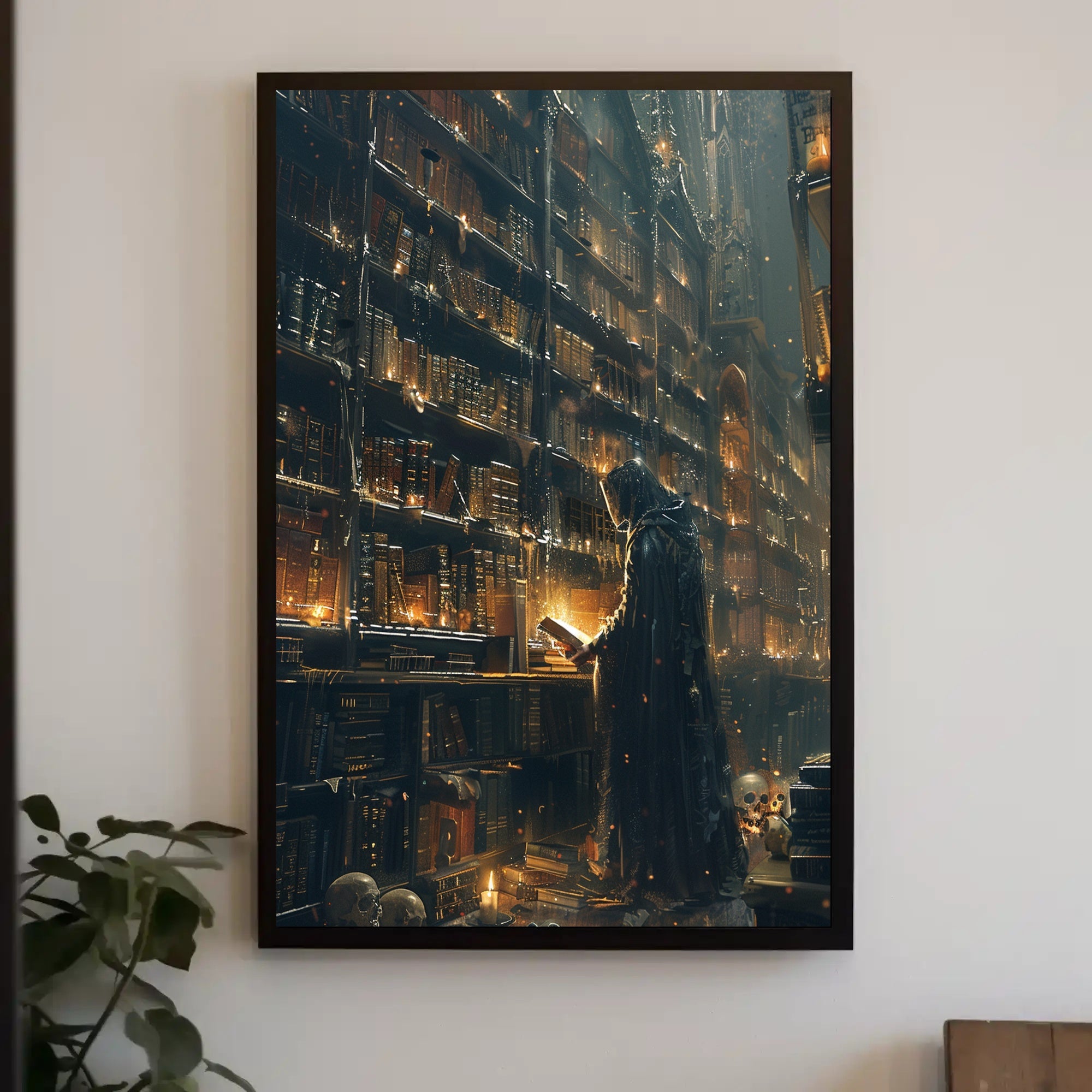 Enigmatic Cloaked Figure in Mystical Library Fantasy Poster PosterGoat