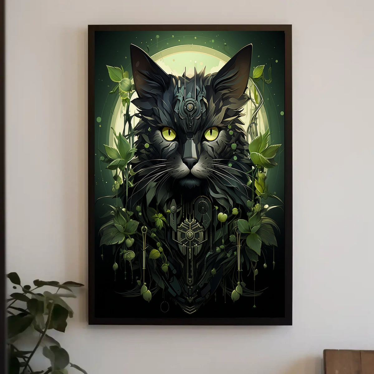 The poster presents a striking, modern depiction of a cat with an elaborate, Travel Poster