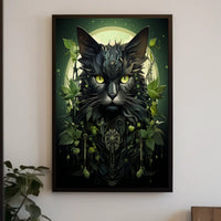 The poster presents a striking, modern depiction of a cat with an elaborate, Travel Poster